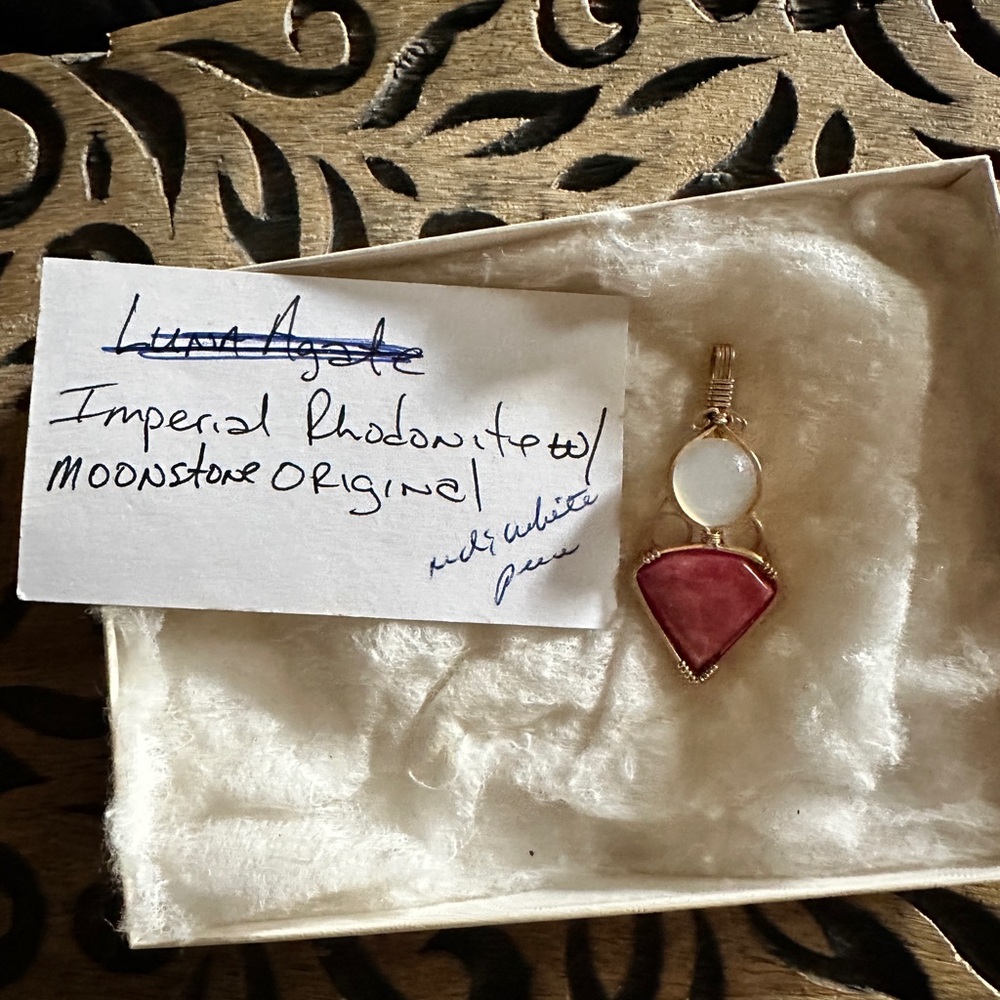 Imperial Rhondite & Moonstone wire wrapped pendant